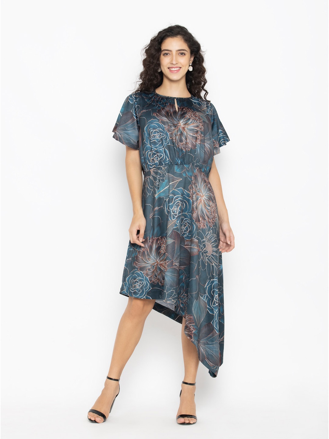 

SEW YOU SOON Blue Floral Satin A-Line Dress