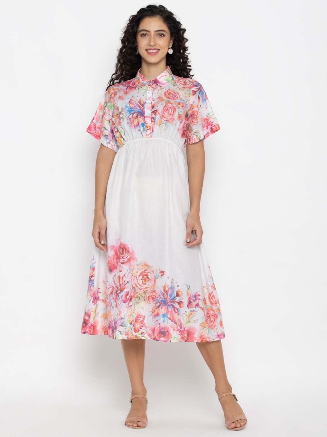 

SEW YOU SOON White & Pink Floral Shirt Midi Dress