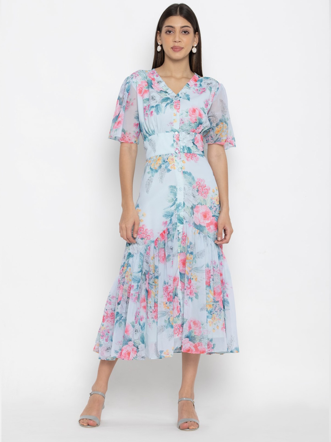 

SEW YOU SOON Turquoise Blue & Pink Floral Georgette Midi Dress