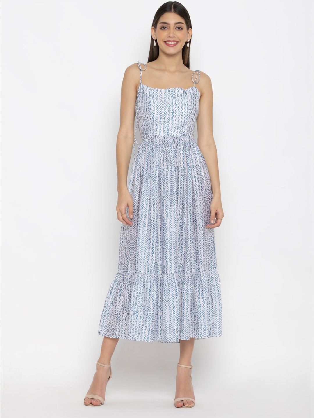 

SEW YOU SOON Blue & White Striped Chiffon Midi Dress