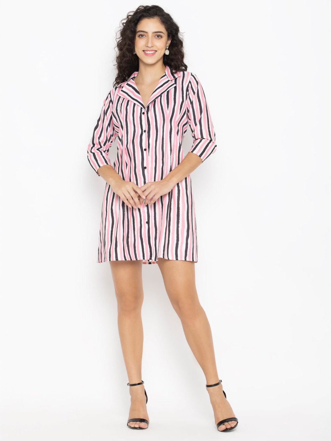 

SEW YOU SOON Pink & Black Striped Shirt Mini Dress