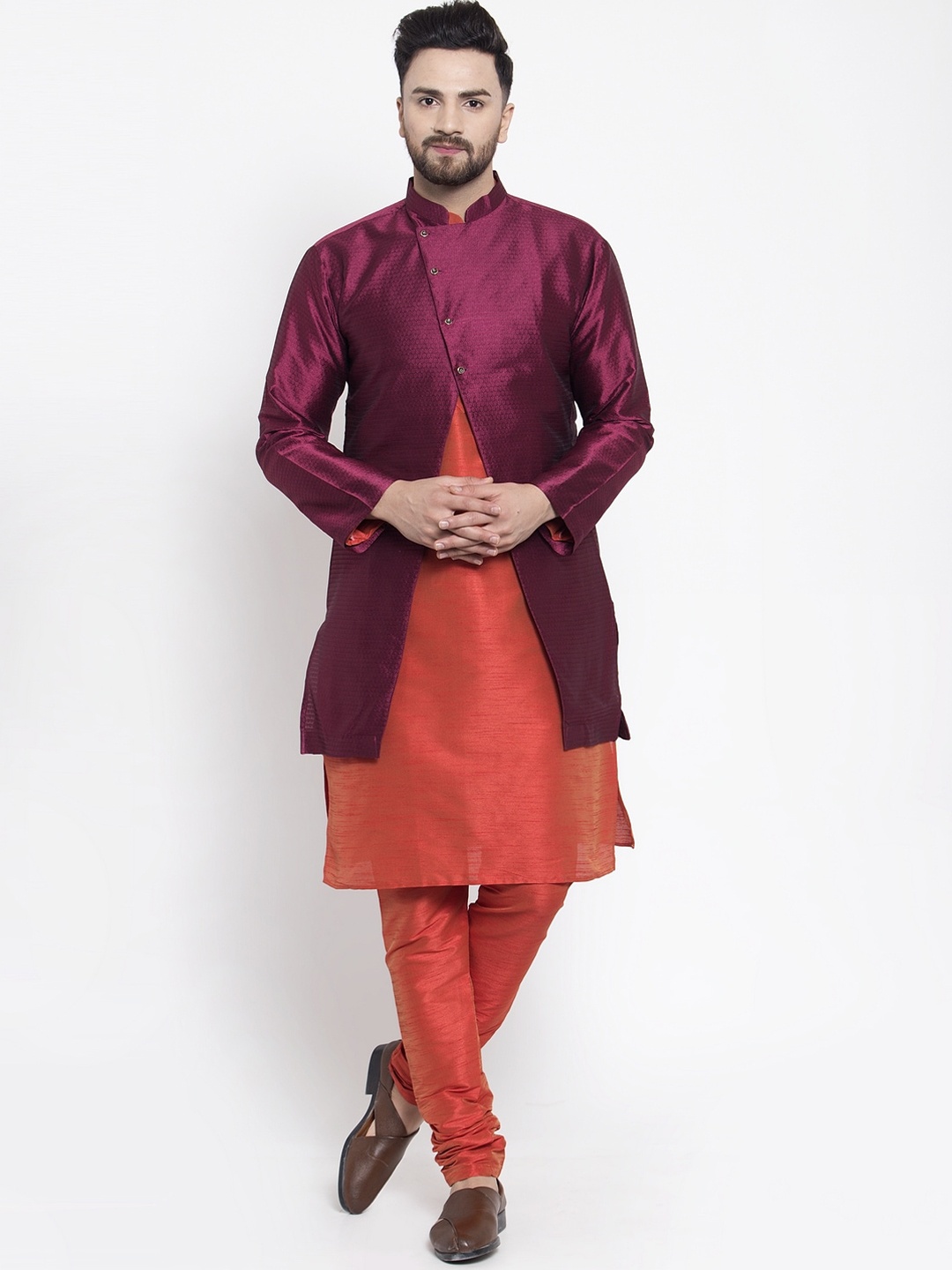

Kaifoo Men Orange & Burgundy Solid Silk Blend Kurta Set