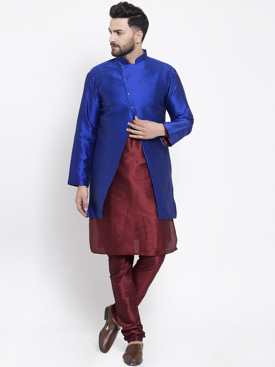 

Kaifoo Men Maroon & Blue Layered Kurta with Churidar & Jacket