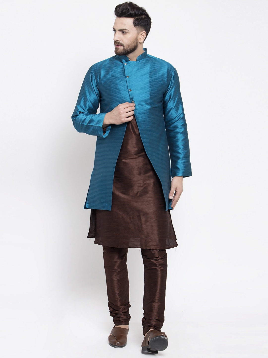 

Kaifoo Men Brown & Blue Layered Kurta with Churidar & With Jacket