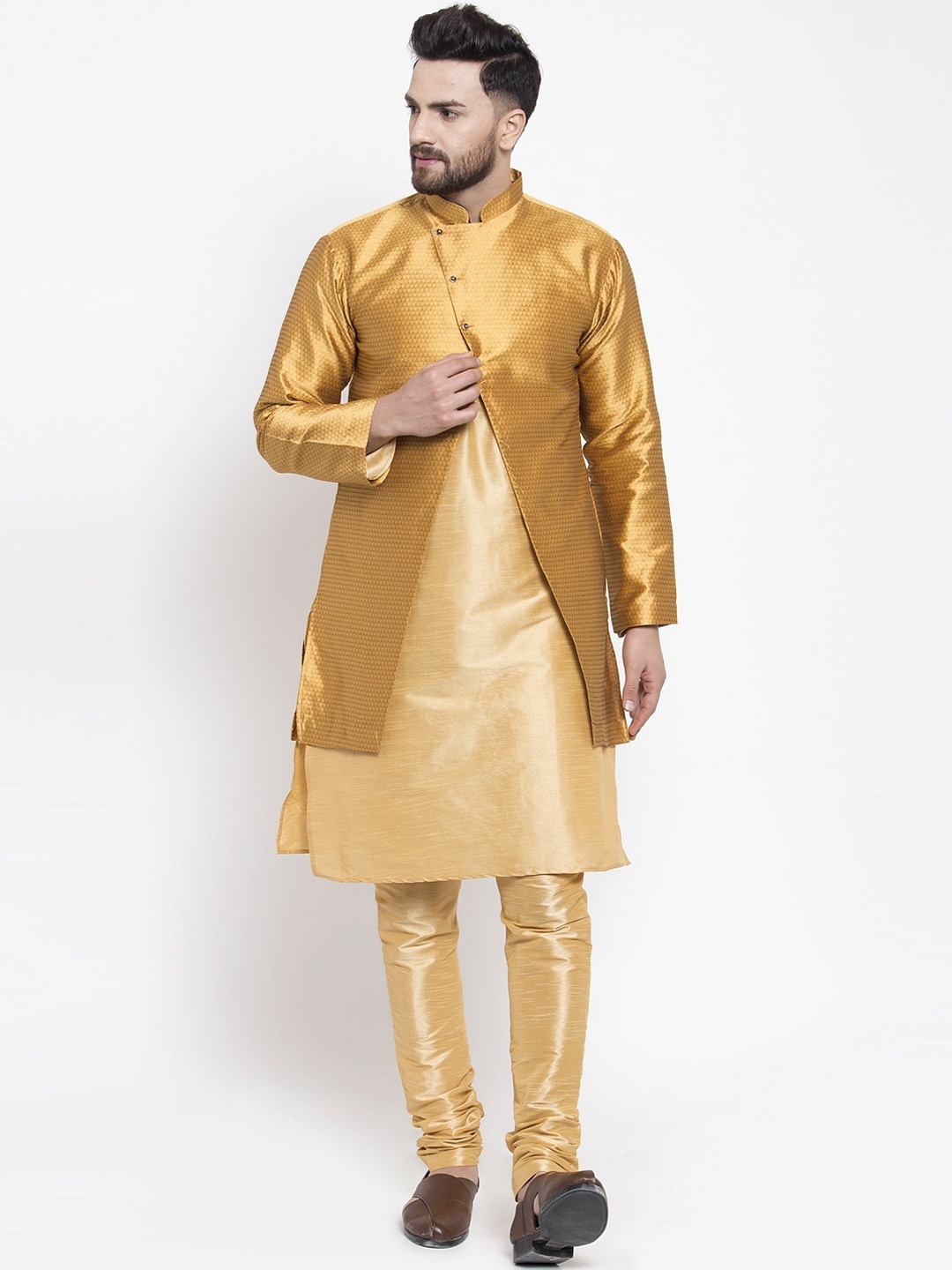 

Kaifoo Men Gold-Toned Solid Silk Blend Kurta Set