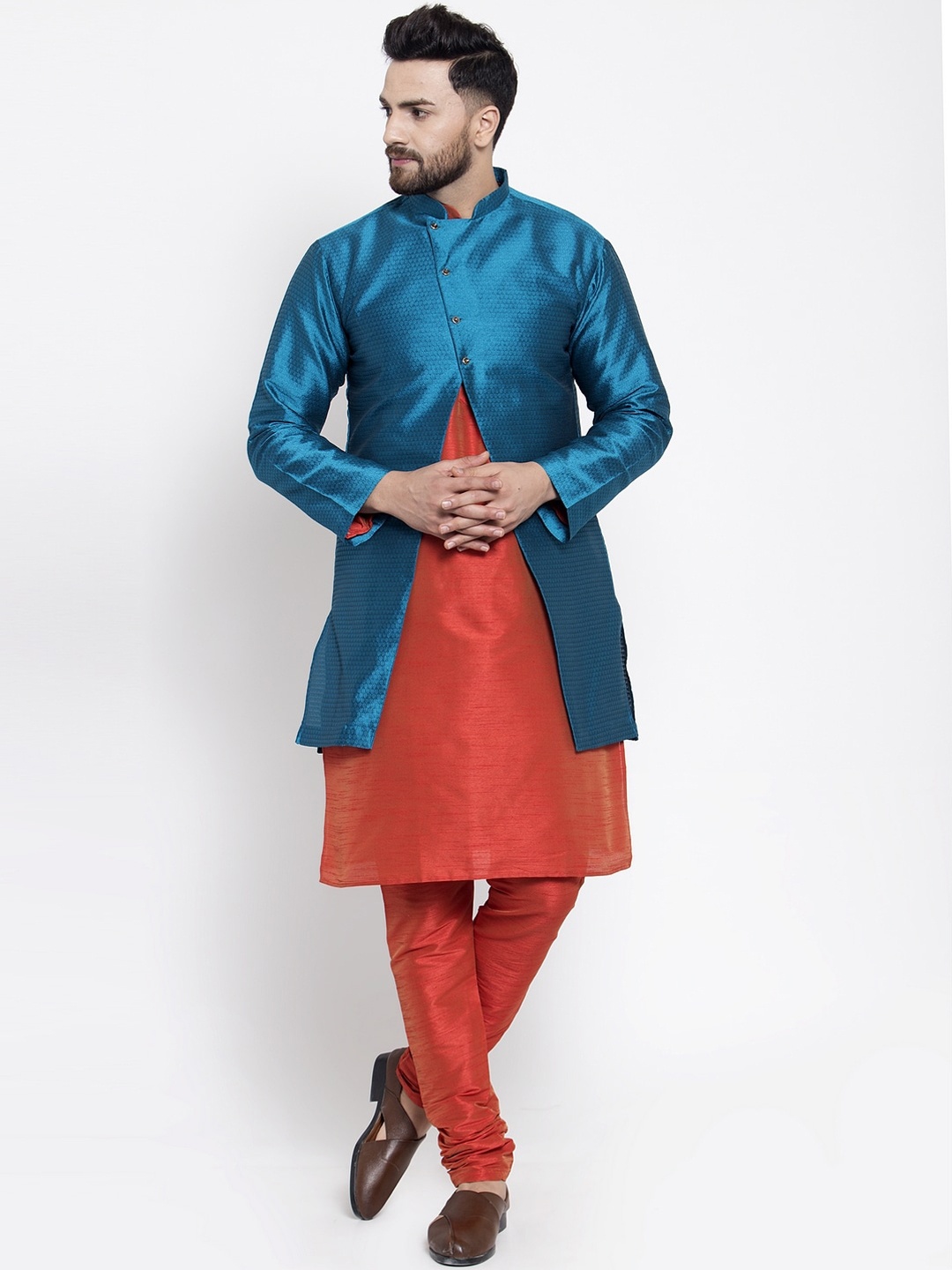 

Kaifoo Men Orange & Blue Kurta Set With Jacket