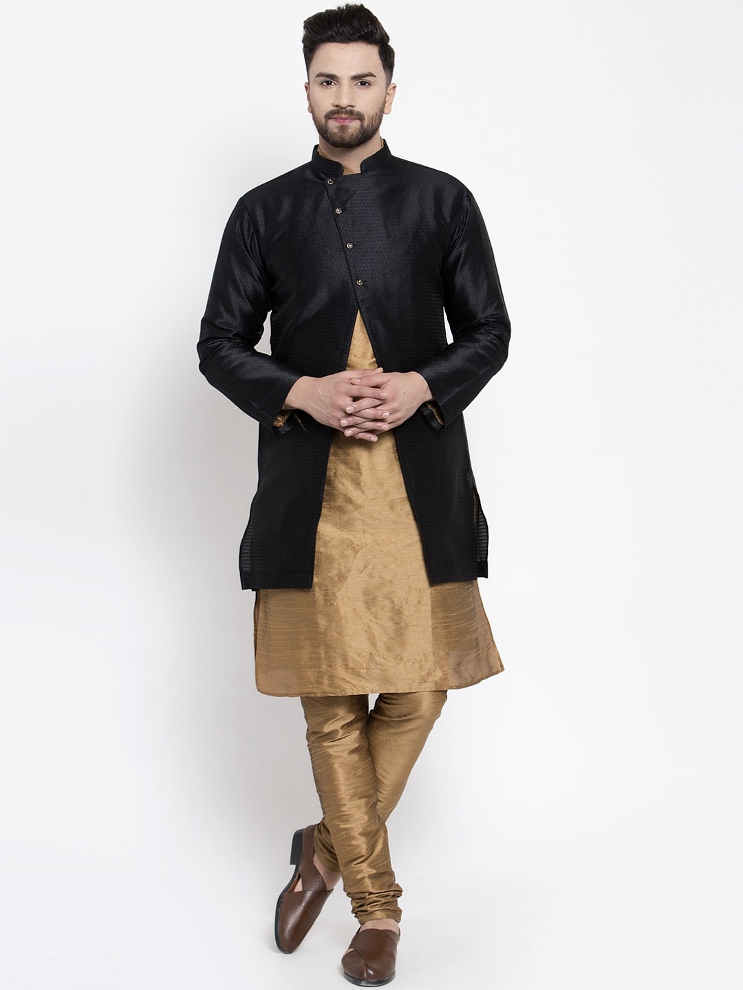 

Kaifoo Men Copper-Toned & Black Layered Kurta with Churidar & Jacket