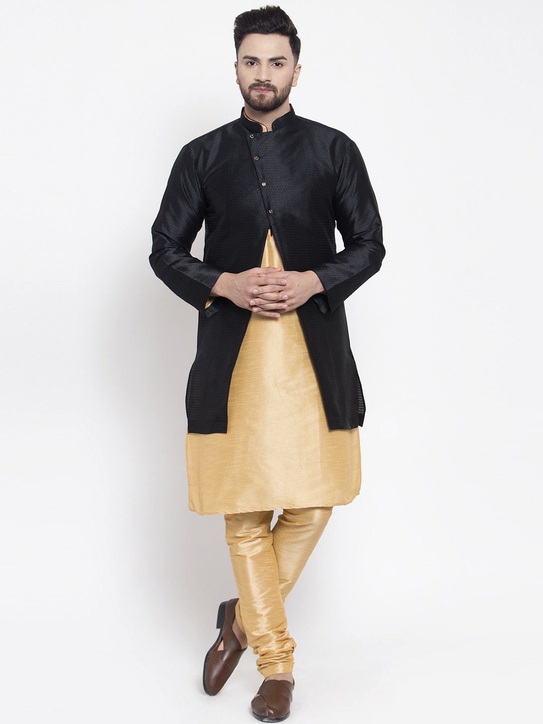 

Kaifoo Men Gold-Toned Layered Kurta & Churidar With Jacket