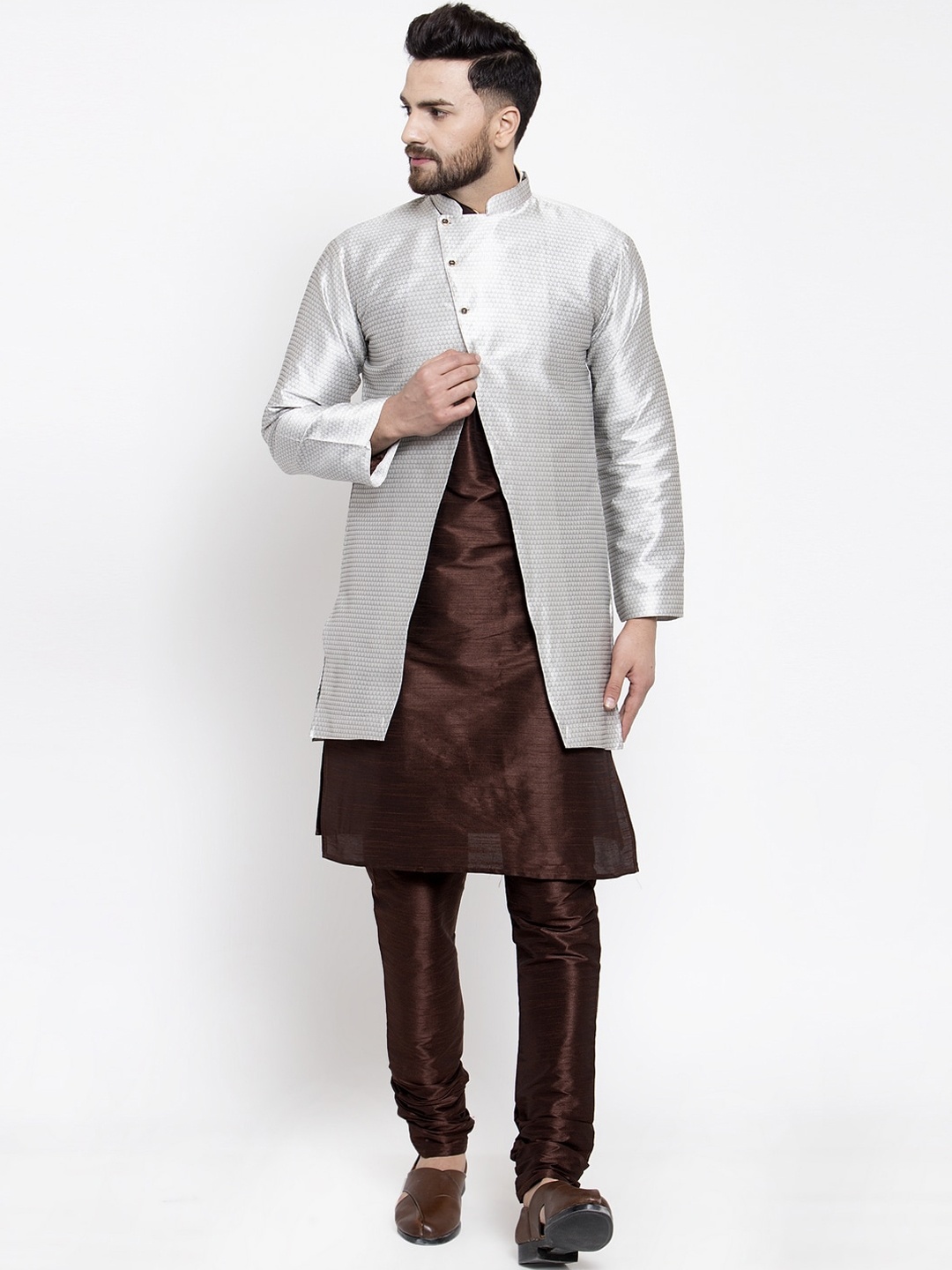 

Kaifoo Men Brown & Silver Kurta Set With Jacket