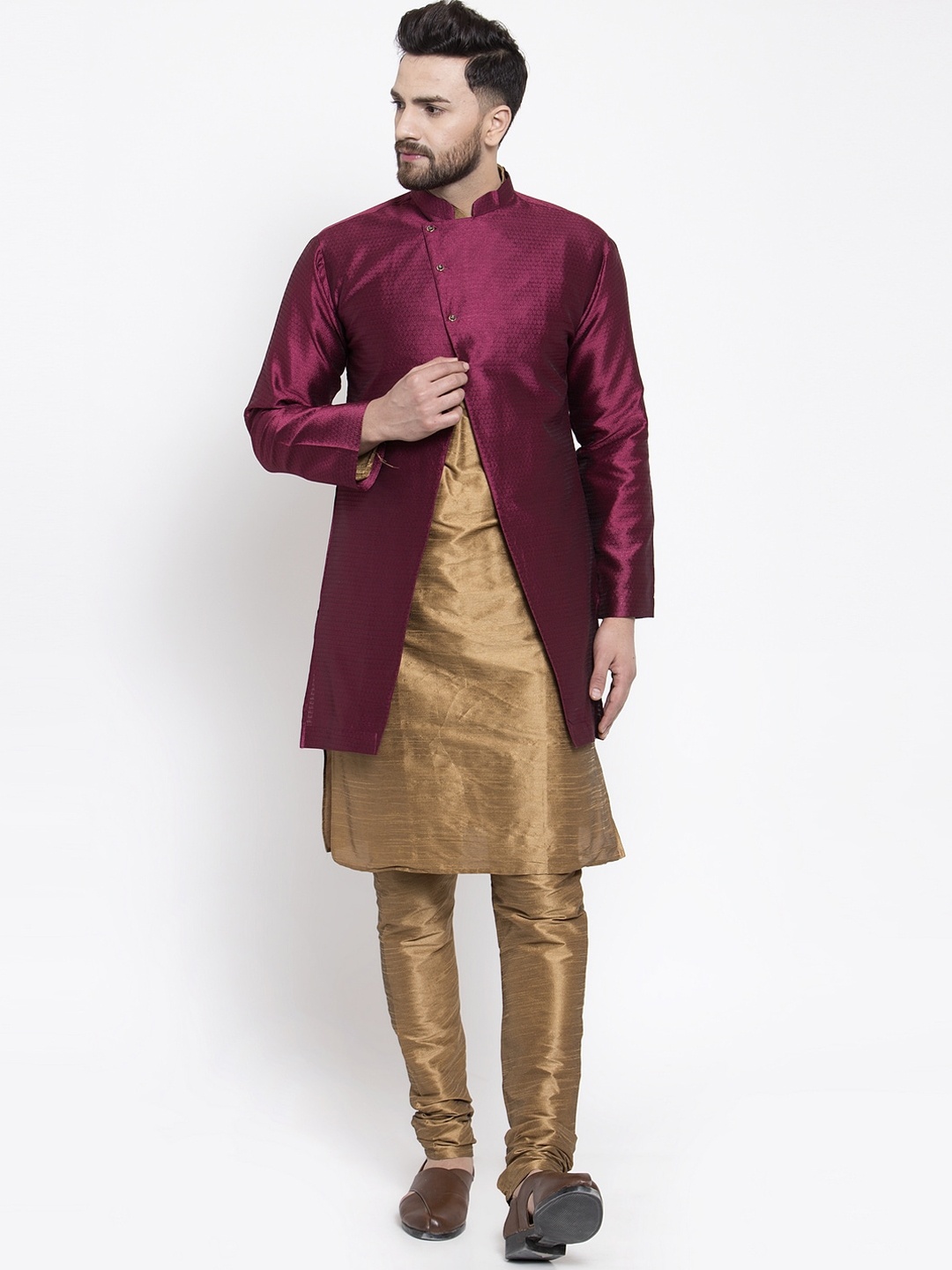

Kaifoo Men Copper-Toned & Burgundy Solid Silk Blend Kurta Set