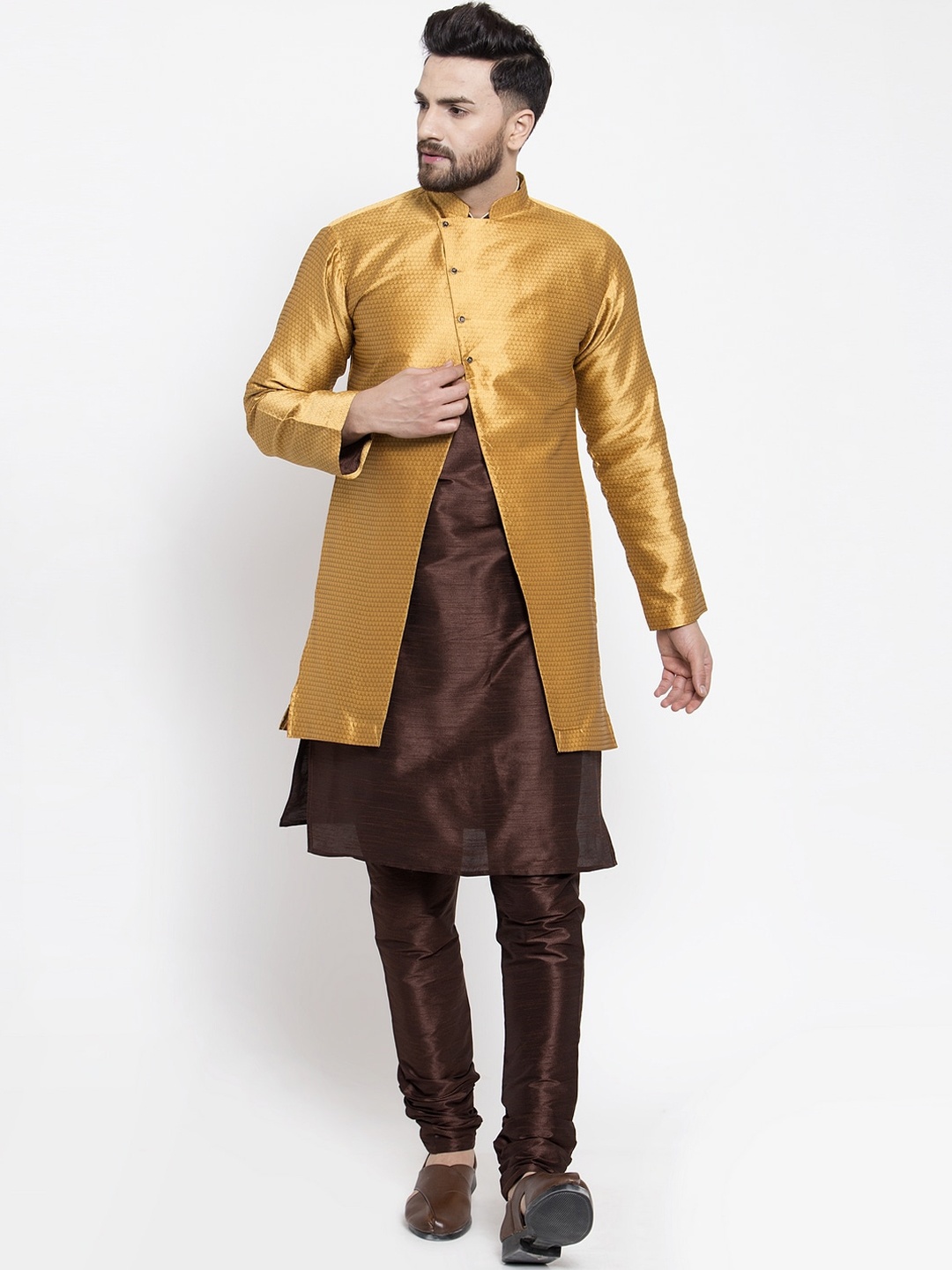 

Kaifoo Men Brown Ethnic Motifs Layered Kurta & Churidar With Jacket