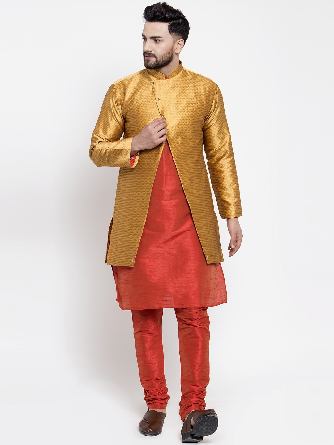 

Kaifoo Men Orange Layered Kurta with Churidar & With Jacket