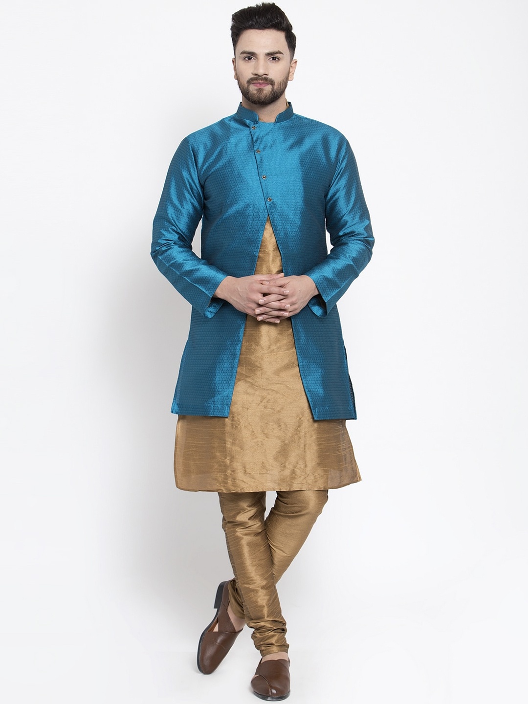 

Kaifoo Men Copper-Toned & Teal Blue Solid Silk Blend Kurta Set