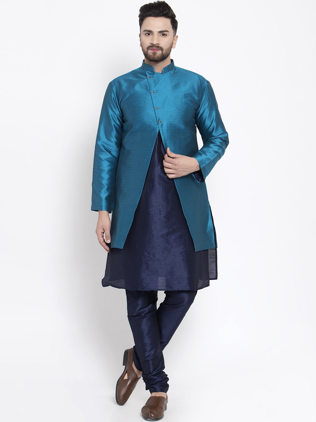 

Kaifoo Men Navy Blue Layered Kurta & Churidar With Jacket