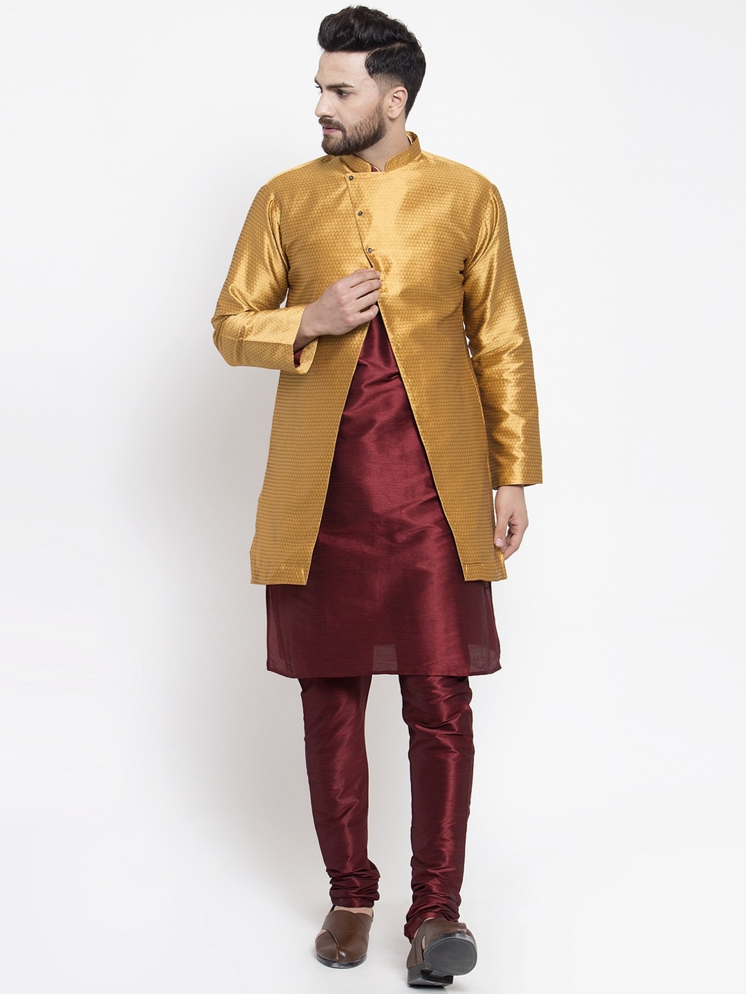 

Kaifoo Men Maroon Layered Kurta with Churidar & With Jacket