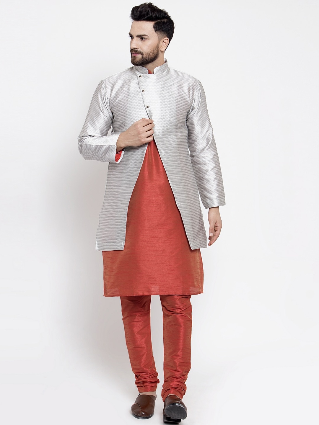 

Kaifoo Men Orange & Grey Layered Kurta with Churidar & Jacket