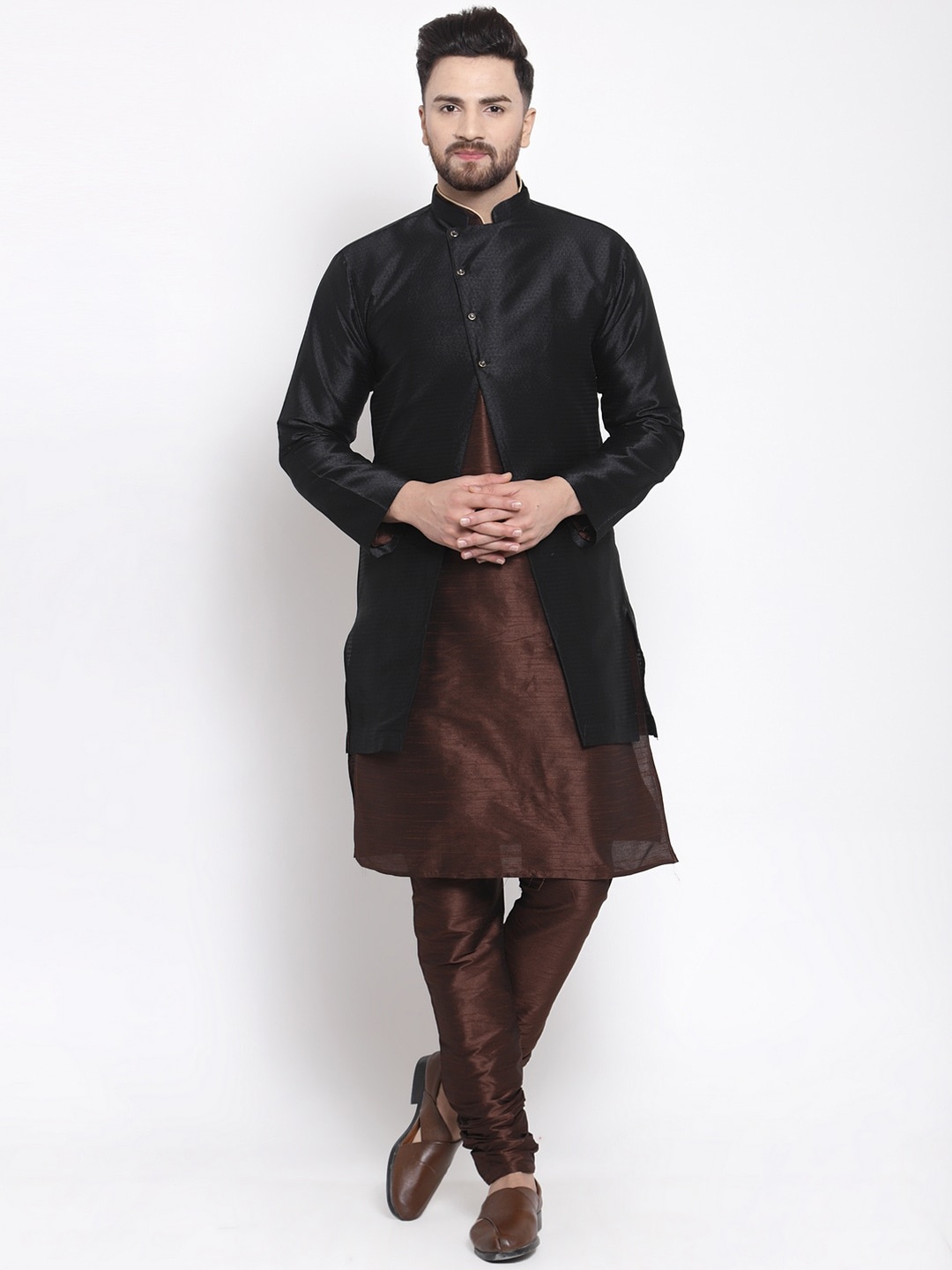 

Kaifoo Men Brown Solid Kurta & Churidar With Jacket