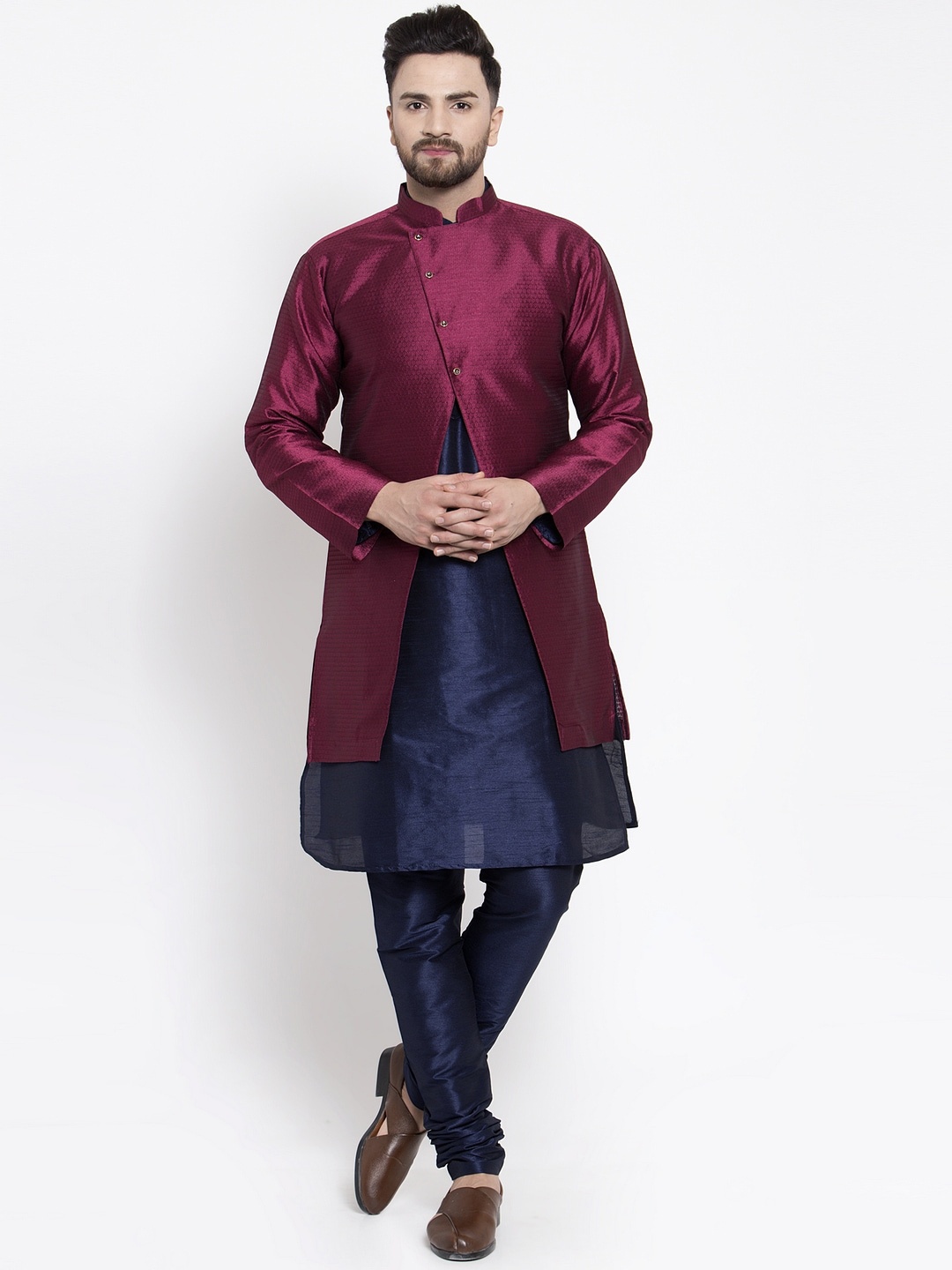 

Kaifoo Men Navy Blue Angrakha Kurta with Churidar And Ethnic Jacket Sets.