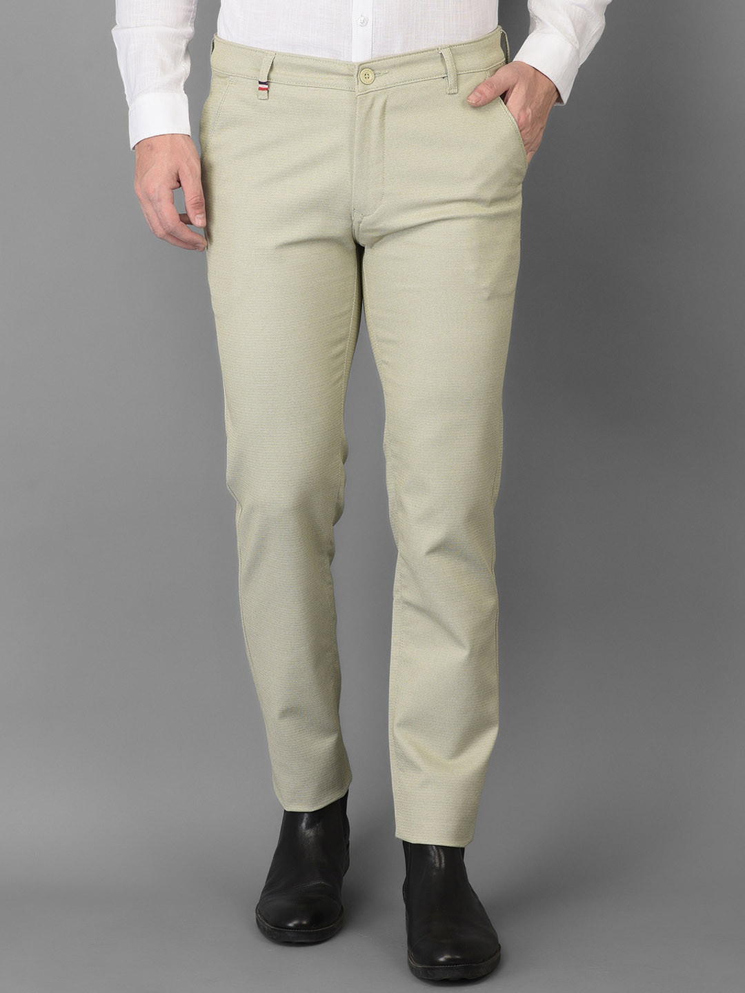 

Canary London Men Green Textured Smart Slim Fit Wrinkle Free Trousers