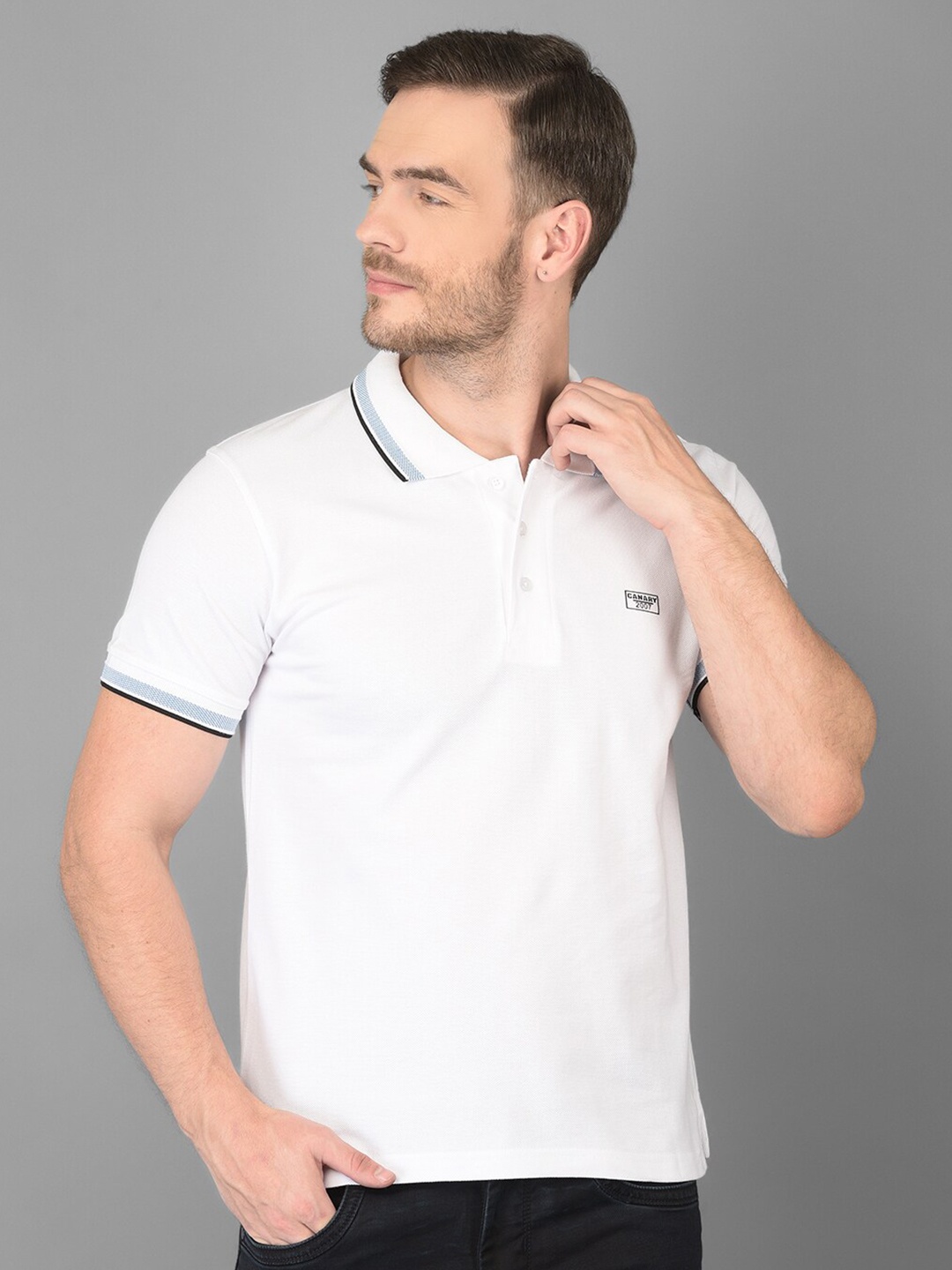 

Canary London Men White Polo Collar Slim Fit T-shirt