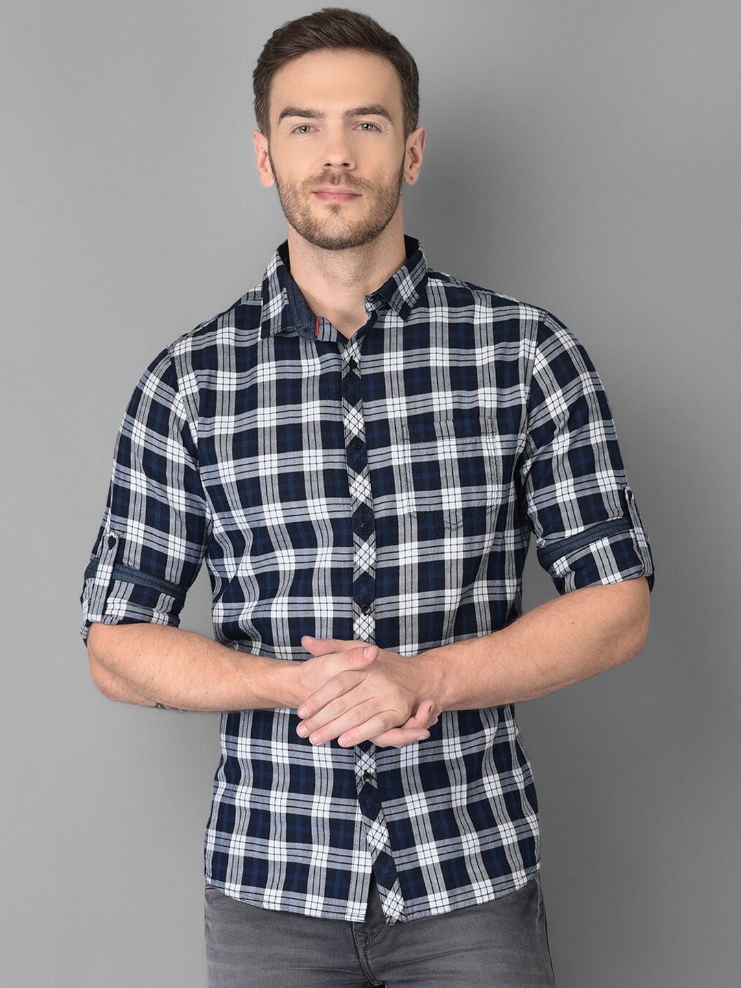 

Canary London Men Navy Blue & White Slim Fit Tartan Checks Checked Casual Shirt
