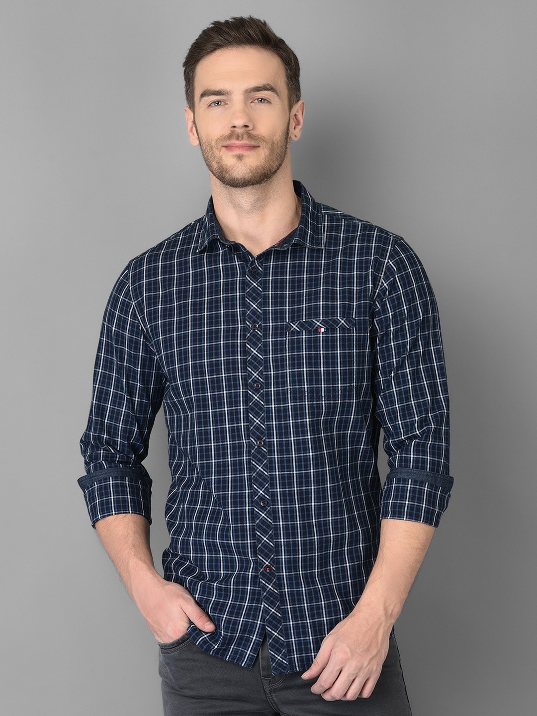 

Canary London Men Navy Blue Smart Slim Fit Checked Casual Shirt