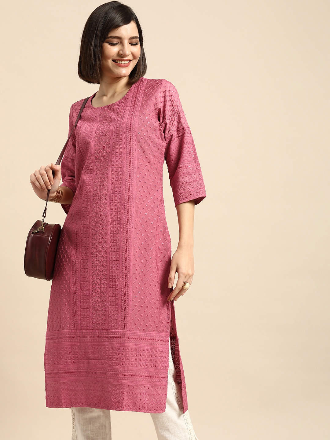 

Anouk Pink Ethnic Motifs Embroidered Straight Kurta