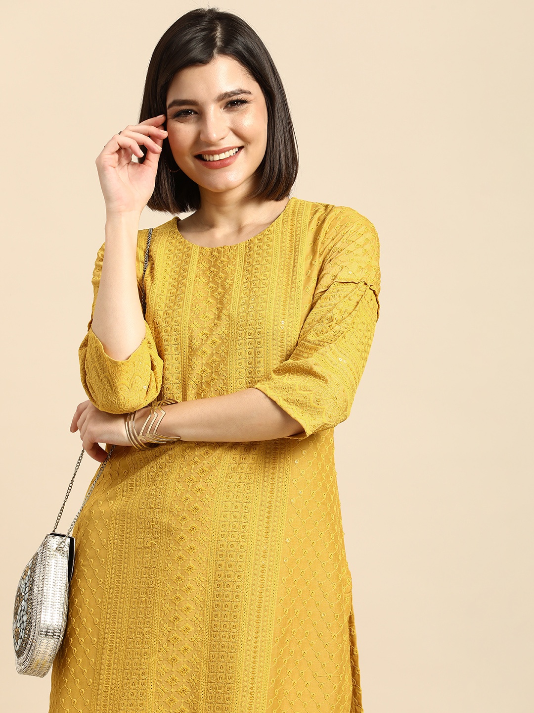 

Anouk Mustard Yellow Ethnic Motifs Embroidered Kurta
