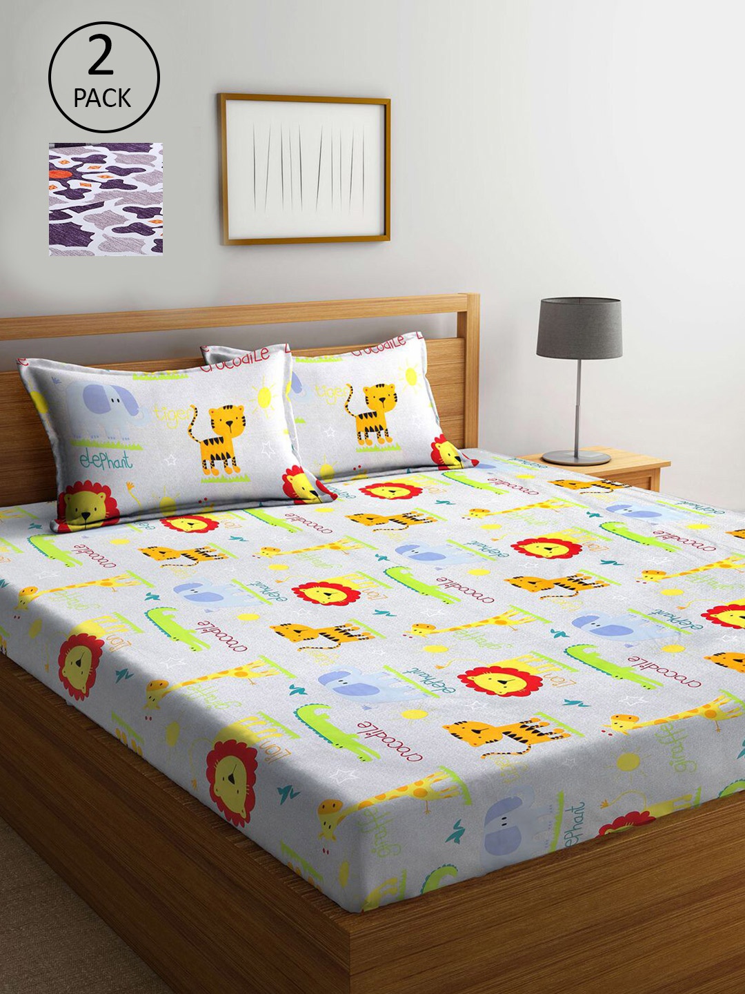 

KLOTTHE Multicoloured Cartoon Characters 300 TC 2 King Bedsheet with 4 Pillow Covers, Multi