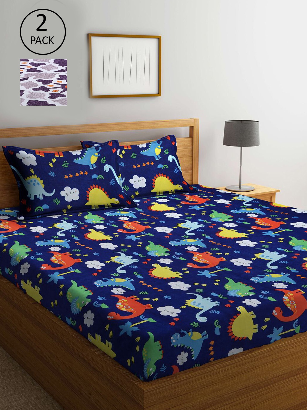 

KLOTTHE Blue & Purple Cartoon Characters 300 TC 2 King Bedsheet with 4 Pillow Covers