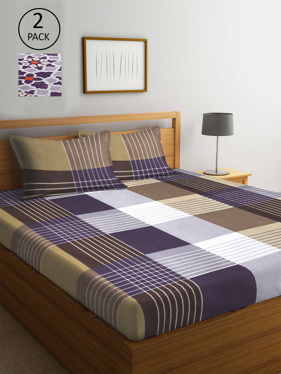 

KLOTTHE Blue & Purple Geometric 300 TC Set Of 2 King Bedsheet with 4 Pillow Covers
