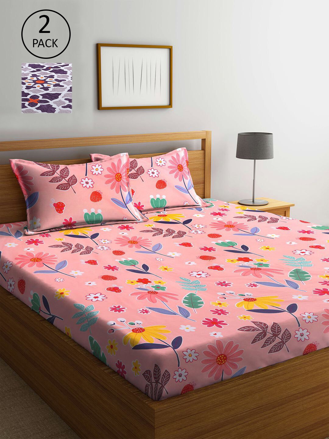 

KLOTTHE Pink & Blue Floral 210 TC 2 King Bedsheet with 4 Pillow Covers