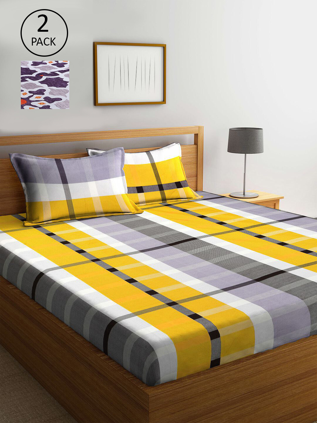 

KLOTTHE Grey & Yellow Geometric 300 TC Set Of 2 King Bedsheet with 4 Pillow Covers