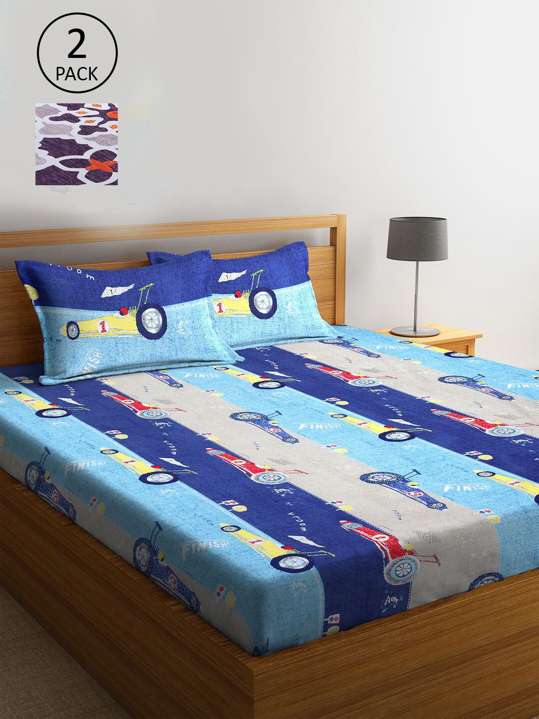 

KLOTTHE Blue & Grey Graphic 210 TC 2 King Bedsheet with 4 Pillow Covers