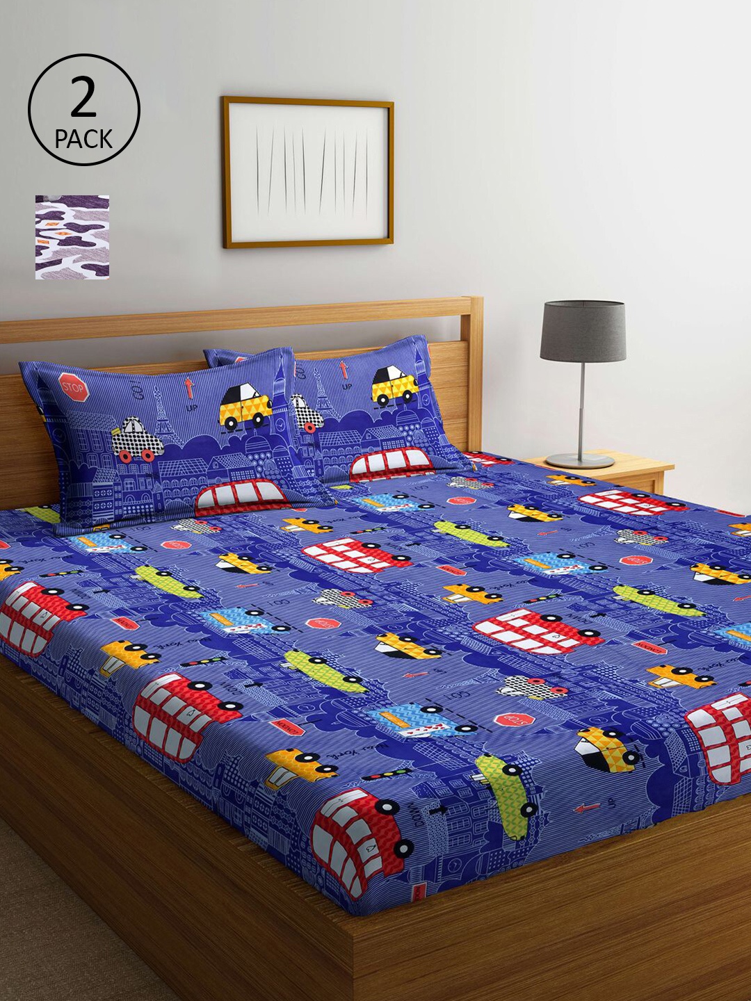 

KLOTTHE Violet & Blue Graphic Printed 210 TC 2 King Bedsheets with 4 Pillow Covers