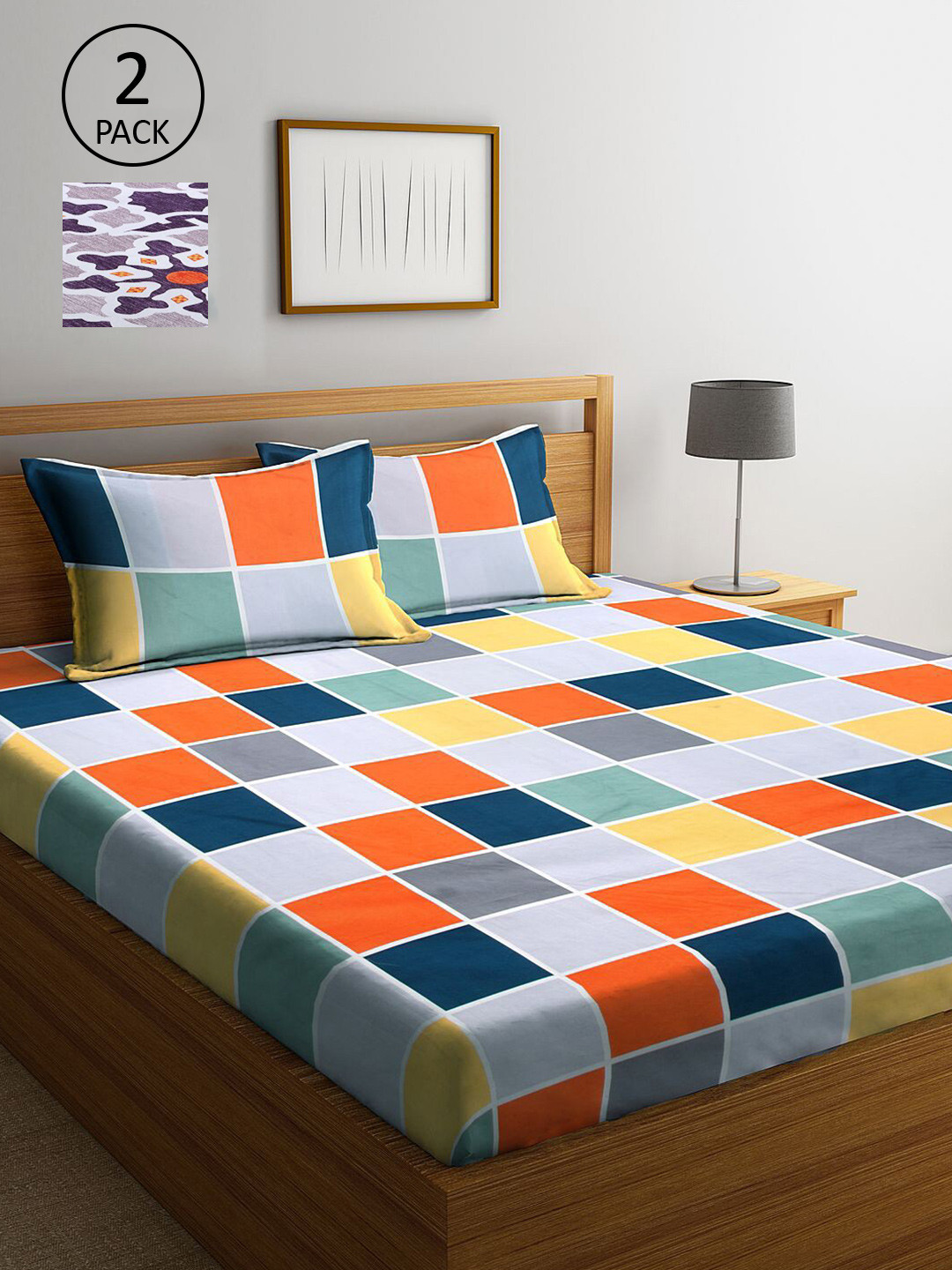 

KLOTTHE Orange & Yellow Geometric 210 TC Set Of 2 King Bedsheet with 4 Pillow Covers