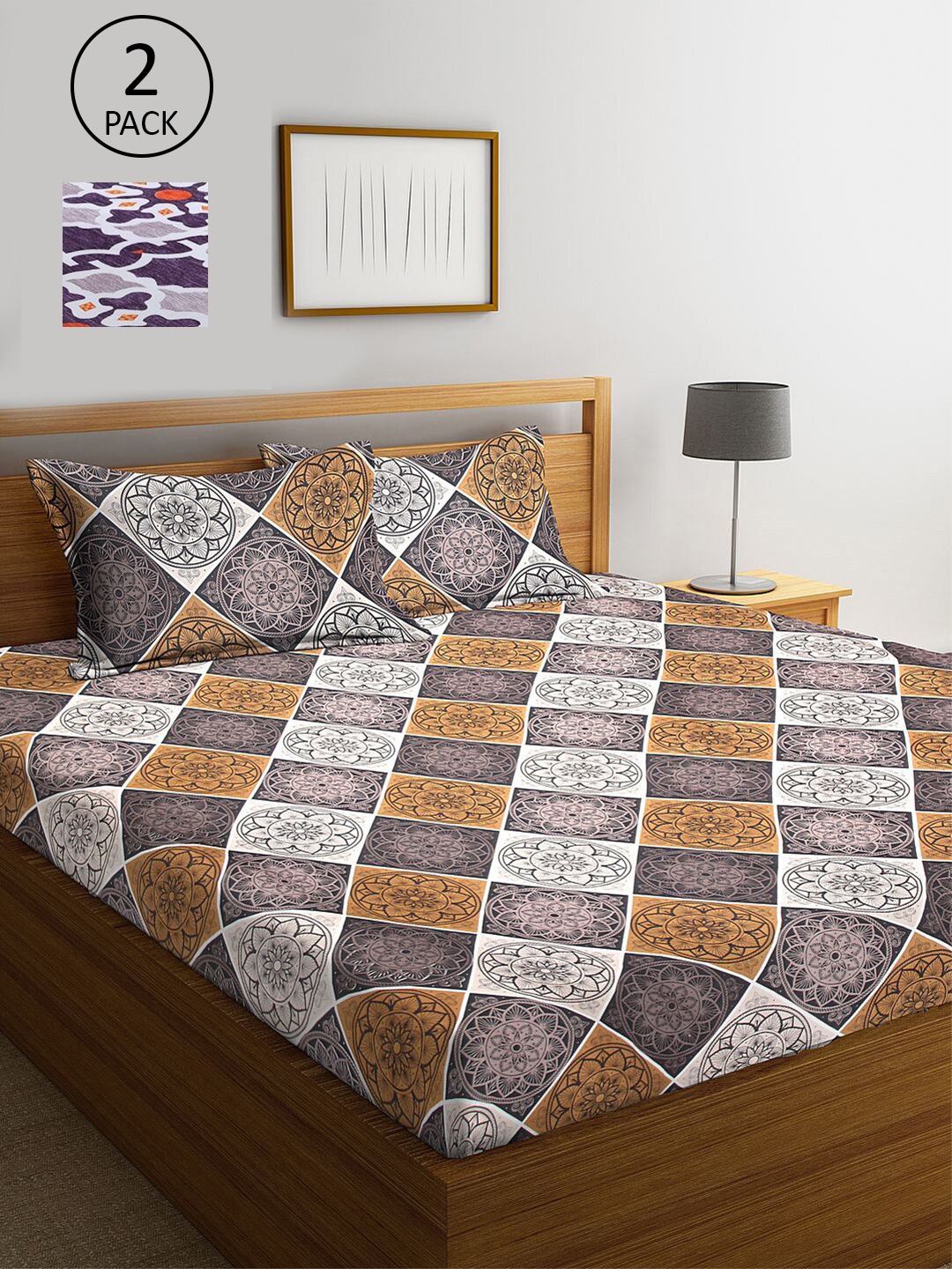 

KLOTTHE Purple & Brown Ethnic Motifs 210 TC 2 King Bedsheet with 4 Pillow Covers