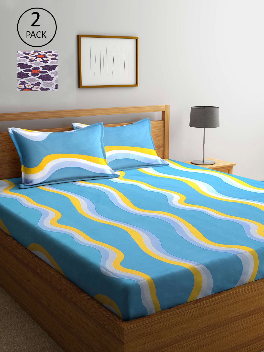 

KLOTTHE Blue & Purple Abstract Floral 300 TC Set Of 2 King Bedsheet with 4 Pillow Covers