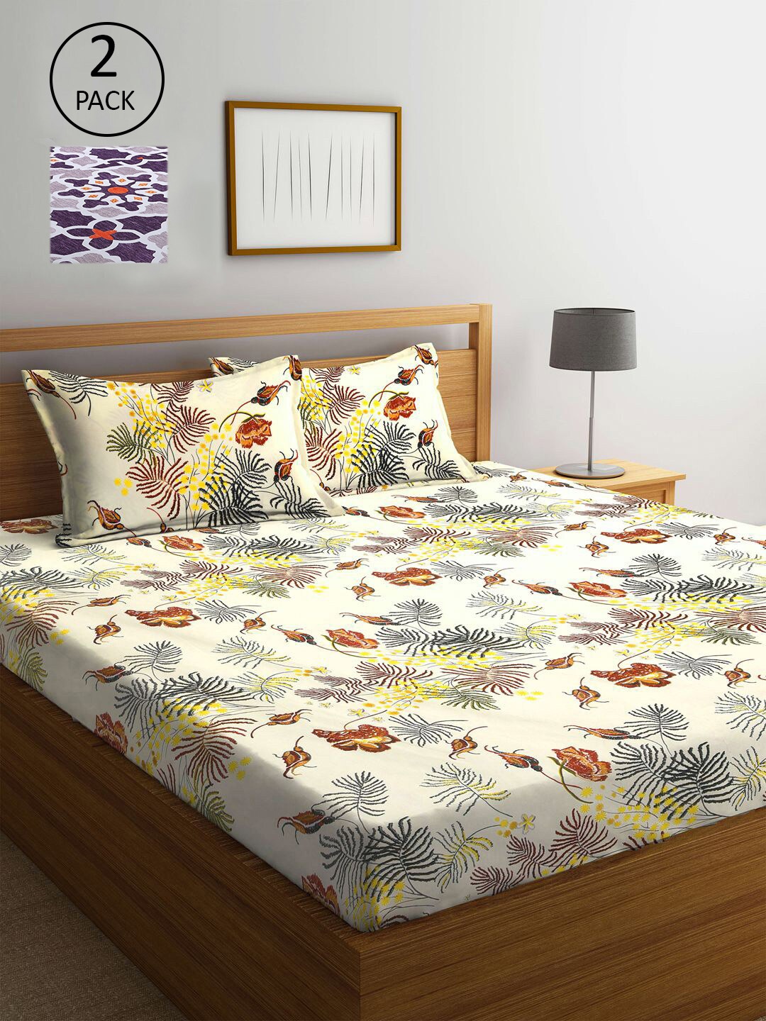 

KLOTTHE Cream-Coloured & Purple Floral 300 TC 2 King Bedsheet with 4 Pillow Covers