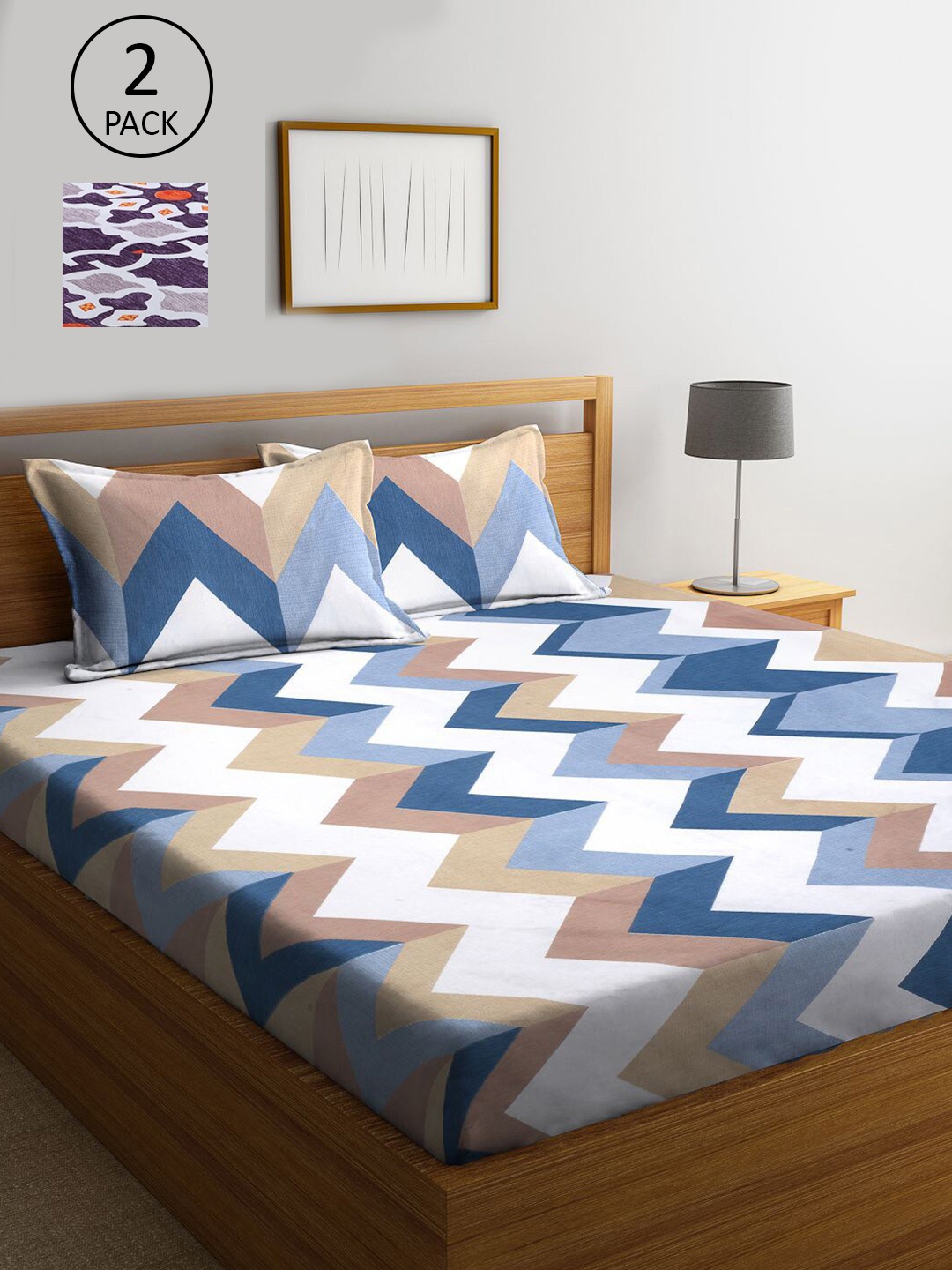 

KLOTTHE White & Brown Geometric 210 TC Set Of 2 King Bedsheet with 4 Pillow Covers
