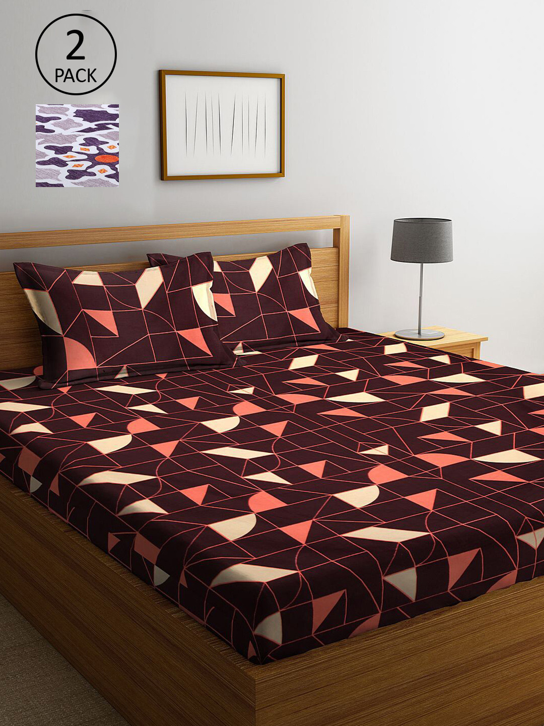 

KLOTTHE Coffee Brown & Purple Geometric Printed 210 TC 2 King Bedsheets with 4 Pillow Covers