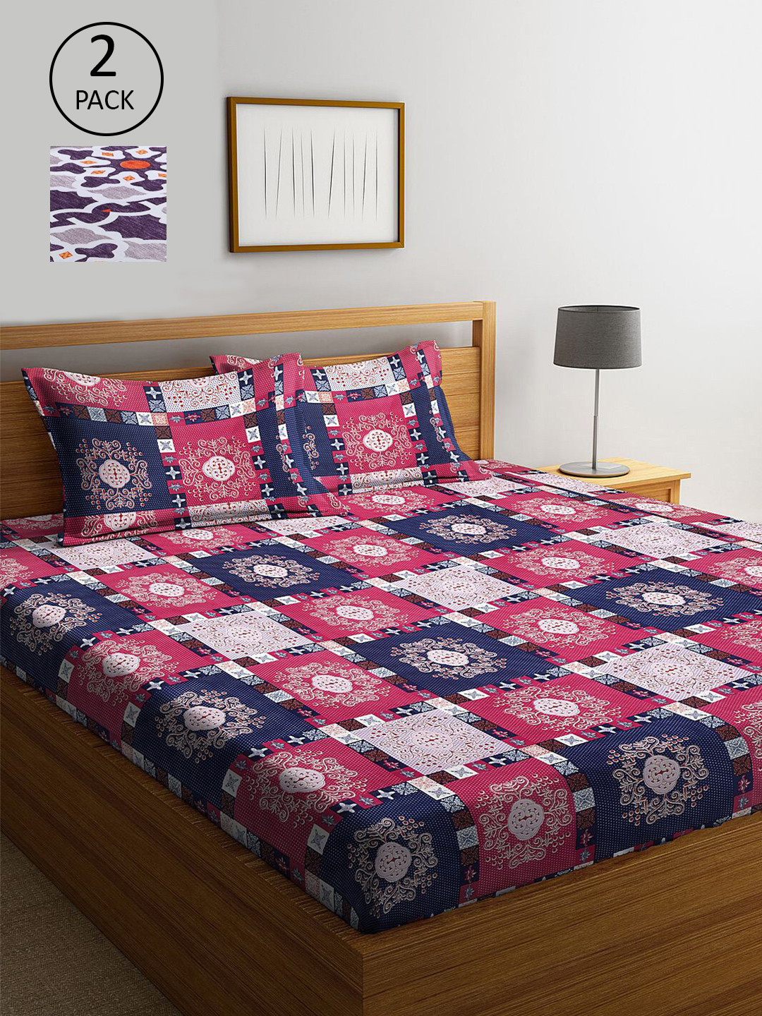 

KLOTTHE Blue & Pink Ethnic Motifs 210 TC Set Of 2 King Bedsheet with 4 Pillow Covers