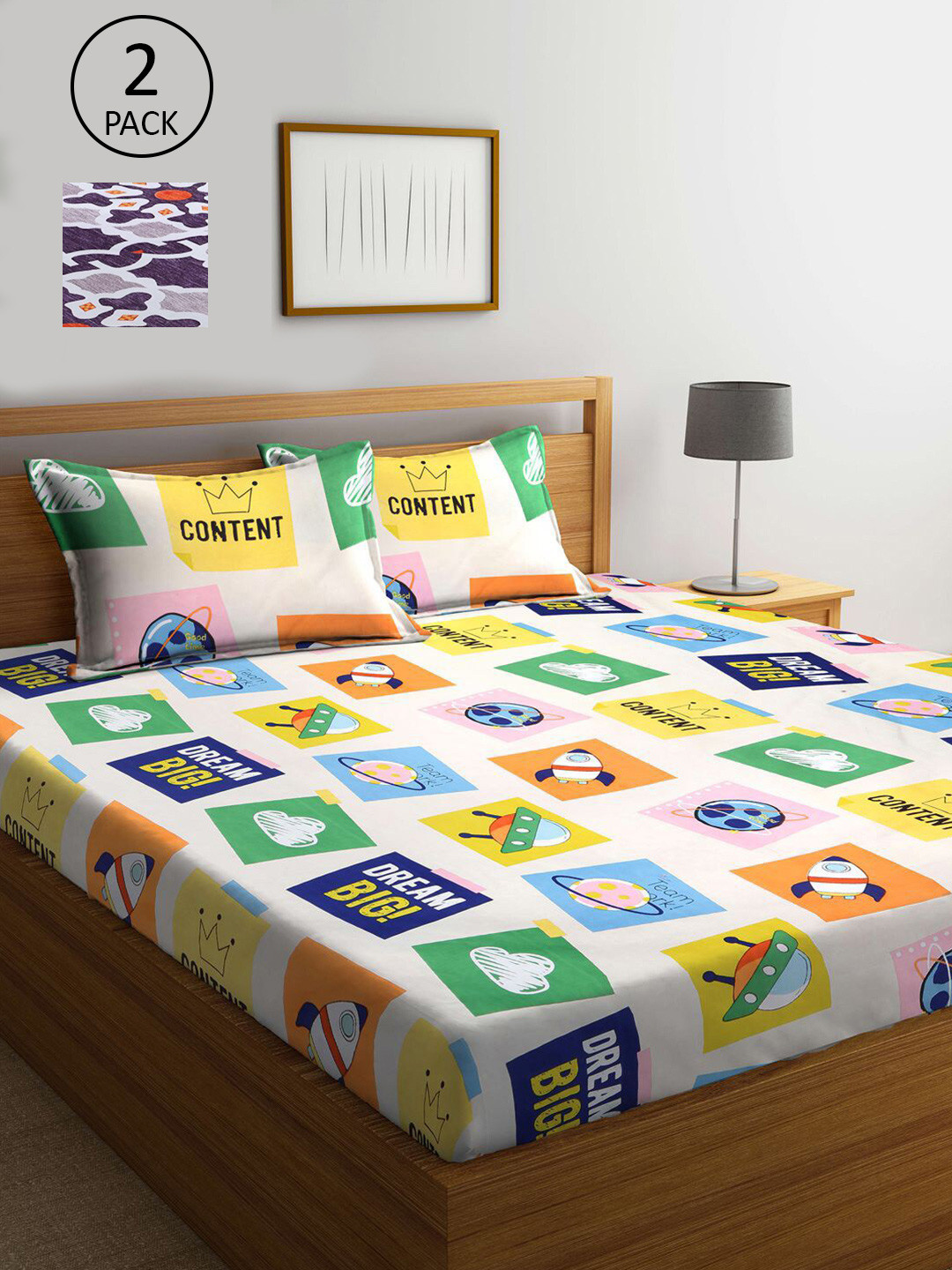 

KLOTTHE White & Yellow 210 TC Set Of 2 King Bedsheet with 4 Pillow Covers