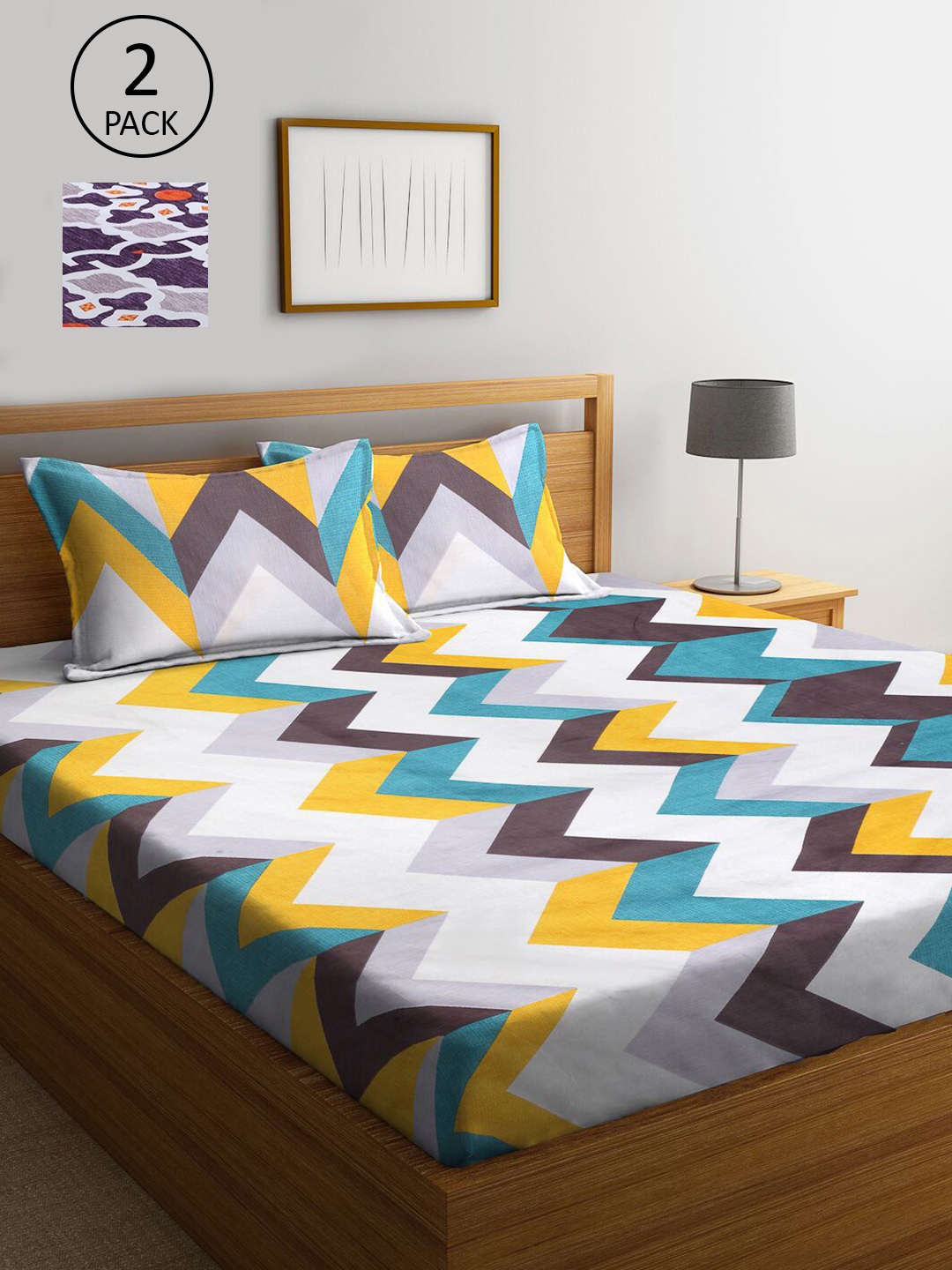 

KLOTTHE Multicoloured Geometric 210 TC Set Of 2 King Bedsheet with 4 Pillow Covers, Multi