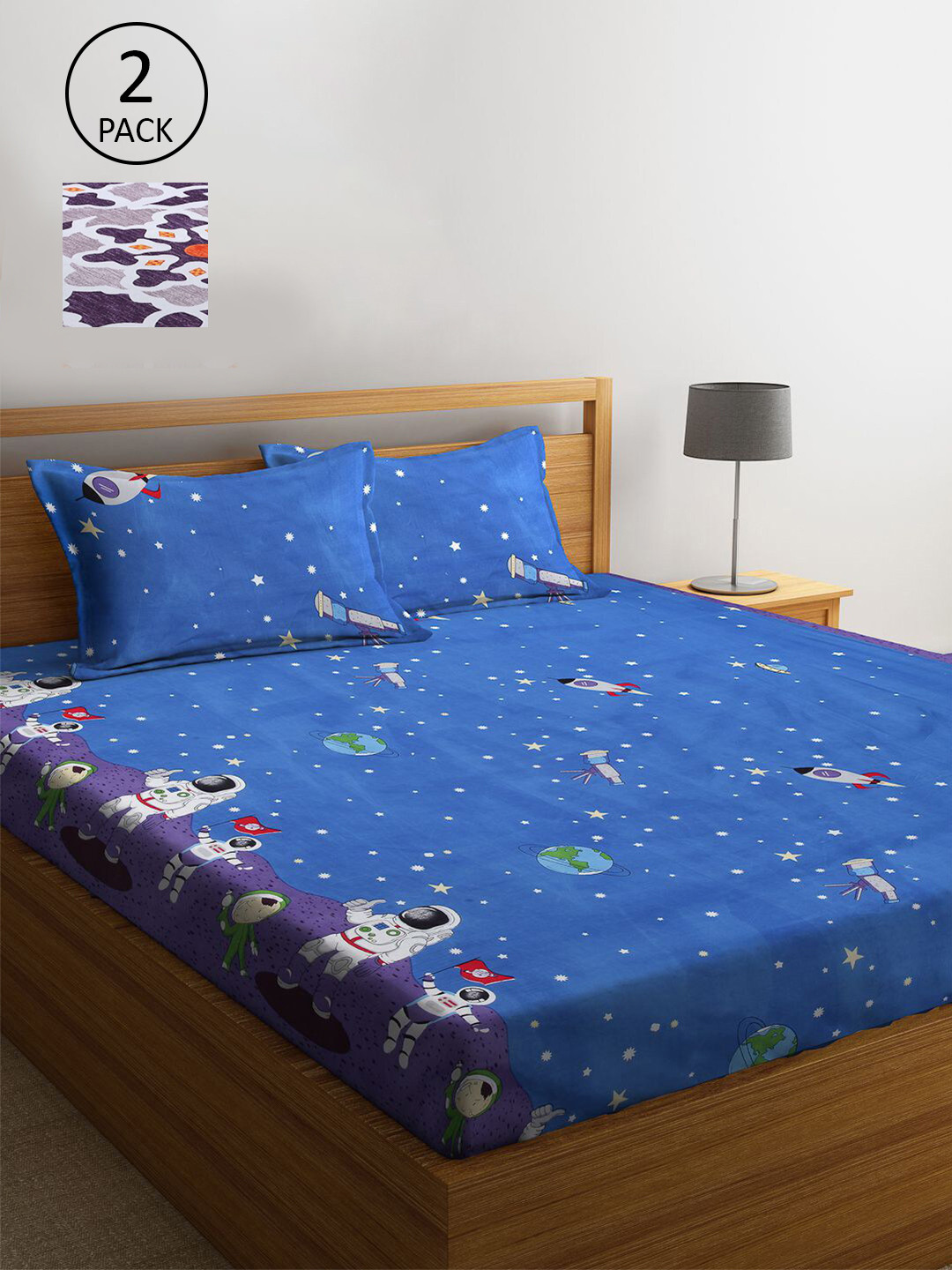 

KLOTTHE Blue & White Cartoon Characters 210 TC Set Of 2 King Bedsheet with 4 Pillow Covers
