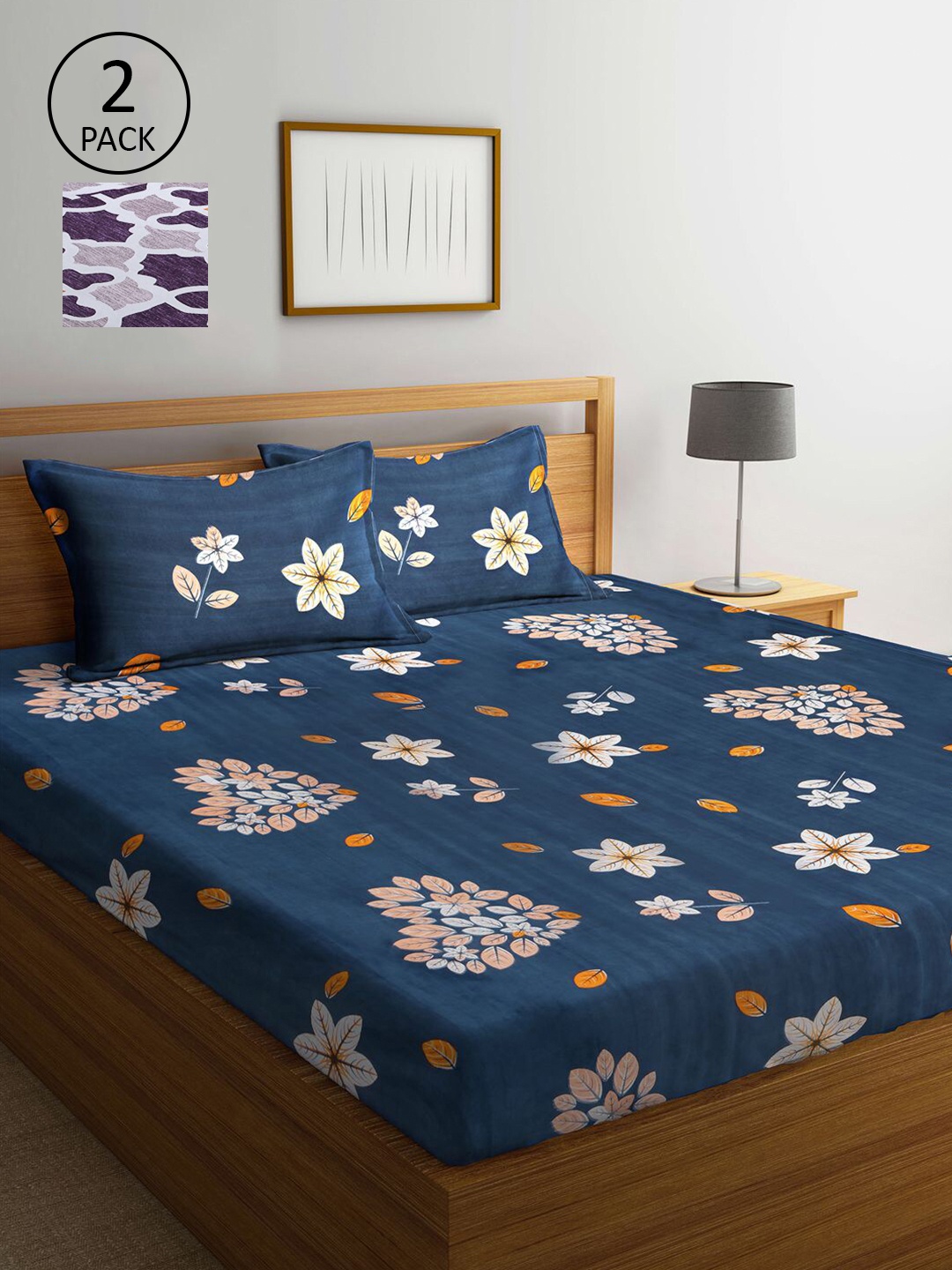 

KLOTTHE Blue & Purple Floral 210 TC 2 King Bedsheet with 4 Pillow Covers