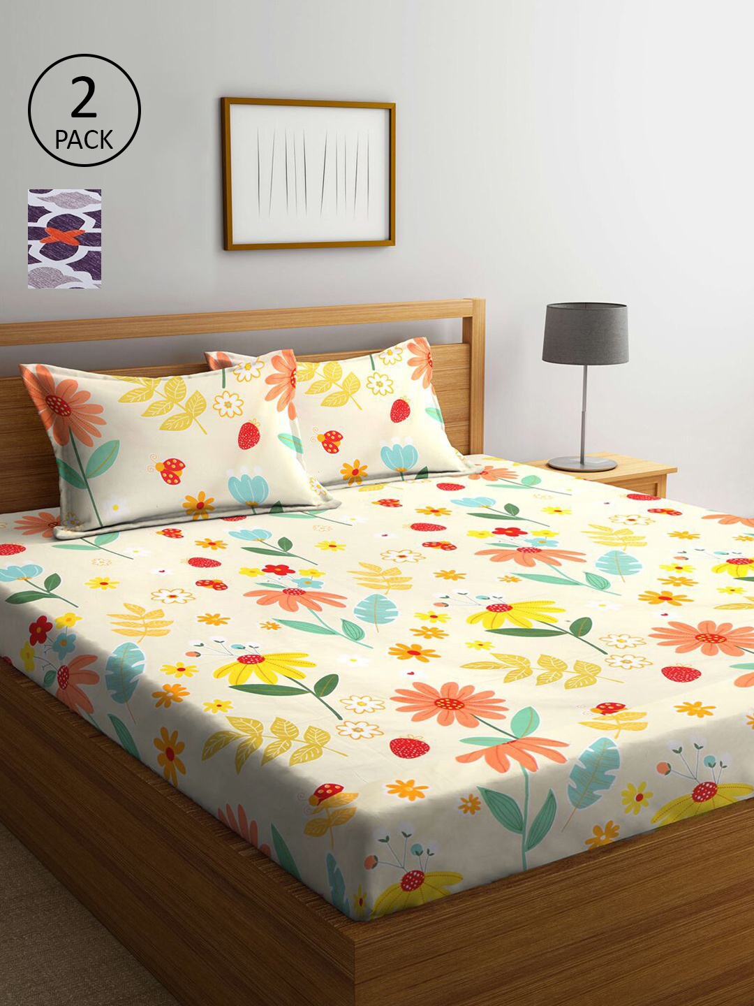 

KLOTTHE Yellow & Violet Floral 210 TC Set Of 2 King Bedsheet with 4 Pillow Covers