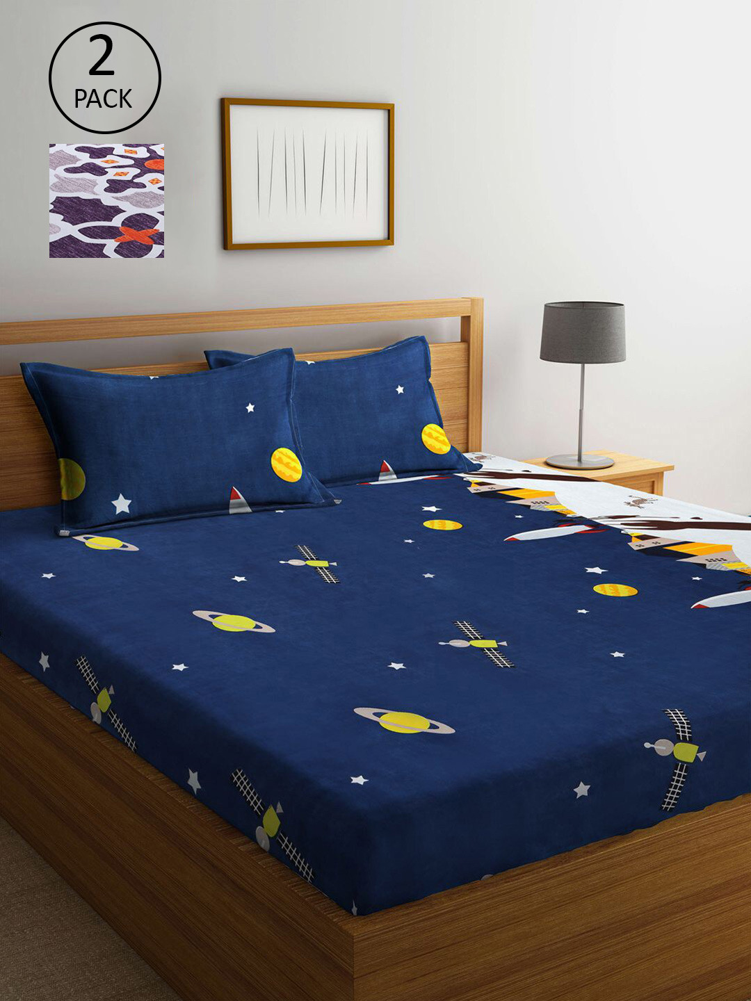 

KLOTTHE Violet & Navy Blue 210 TC Set Of 2 King Bedsheet with 4 Pillow Covers