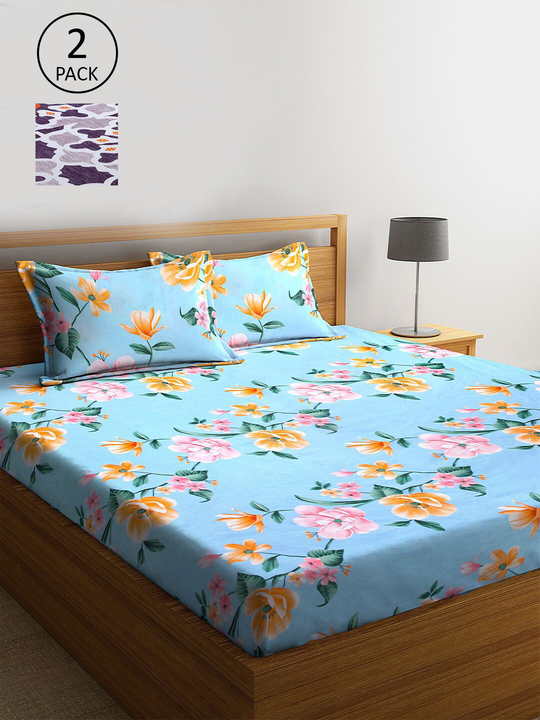 

KLOTTHE Pack Of 2 210 TC King Bedsheets with 4 Pillow Covers, Blue