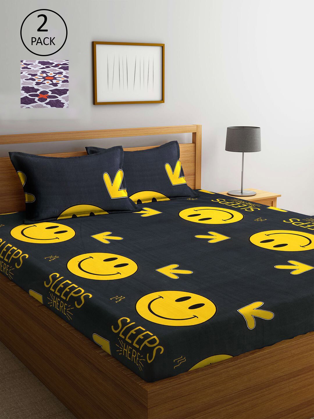 

KLOTTHE Black & Purple Graphic Printed 210 TC 2 King Bedsheets with 4 Pillow Covers